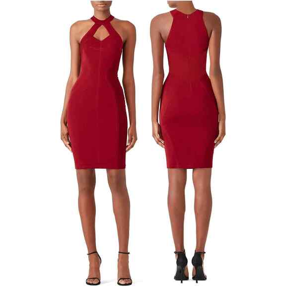 CUT25 Diamond Cutout Keyhole Halter Neck Bodycon Sheath Dress Red Size 2 - Picture 12 of 12